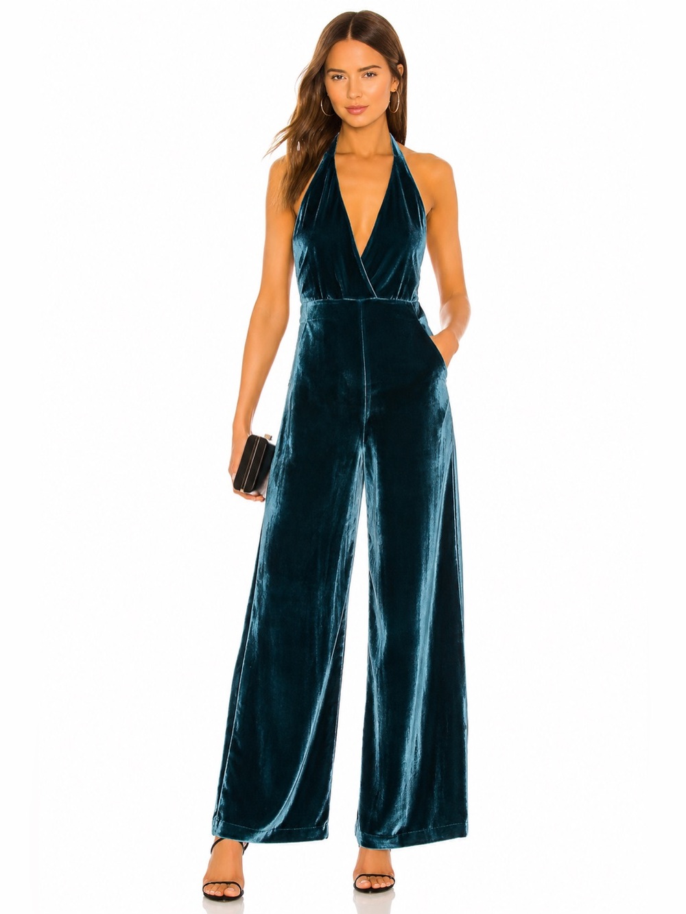 Free People Velvet Halter Jumpsuit Teal Open Back Wide Leg Silk Blend Size 8